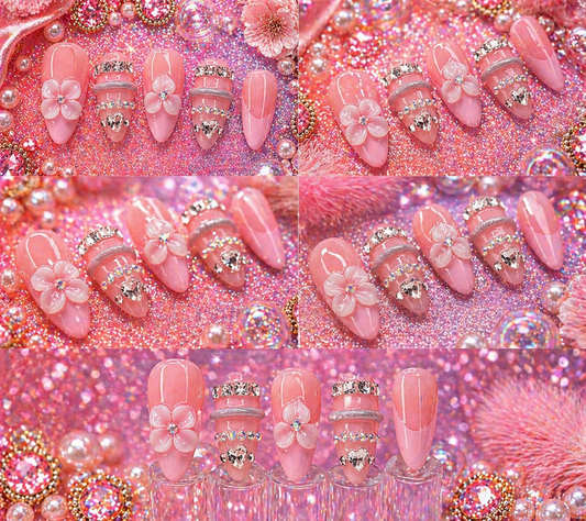 Blush Princess Glam – 3D Floral Rhinestone Press-On Nails 💕✨ Size M