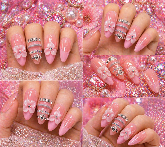 Blush Princess Glam – 3D Floral Rhinestone Press-On Nails 💕✨ Size M