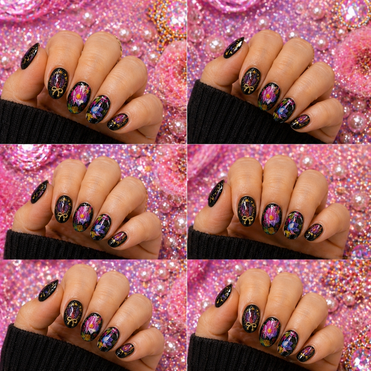 Midnight Bloom Glam – 5pc Luxury Floral Press-On Nail Set ✨🌸 Size M