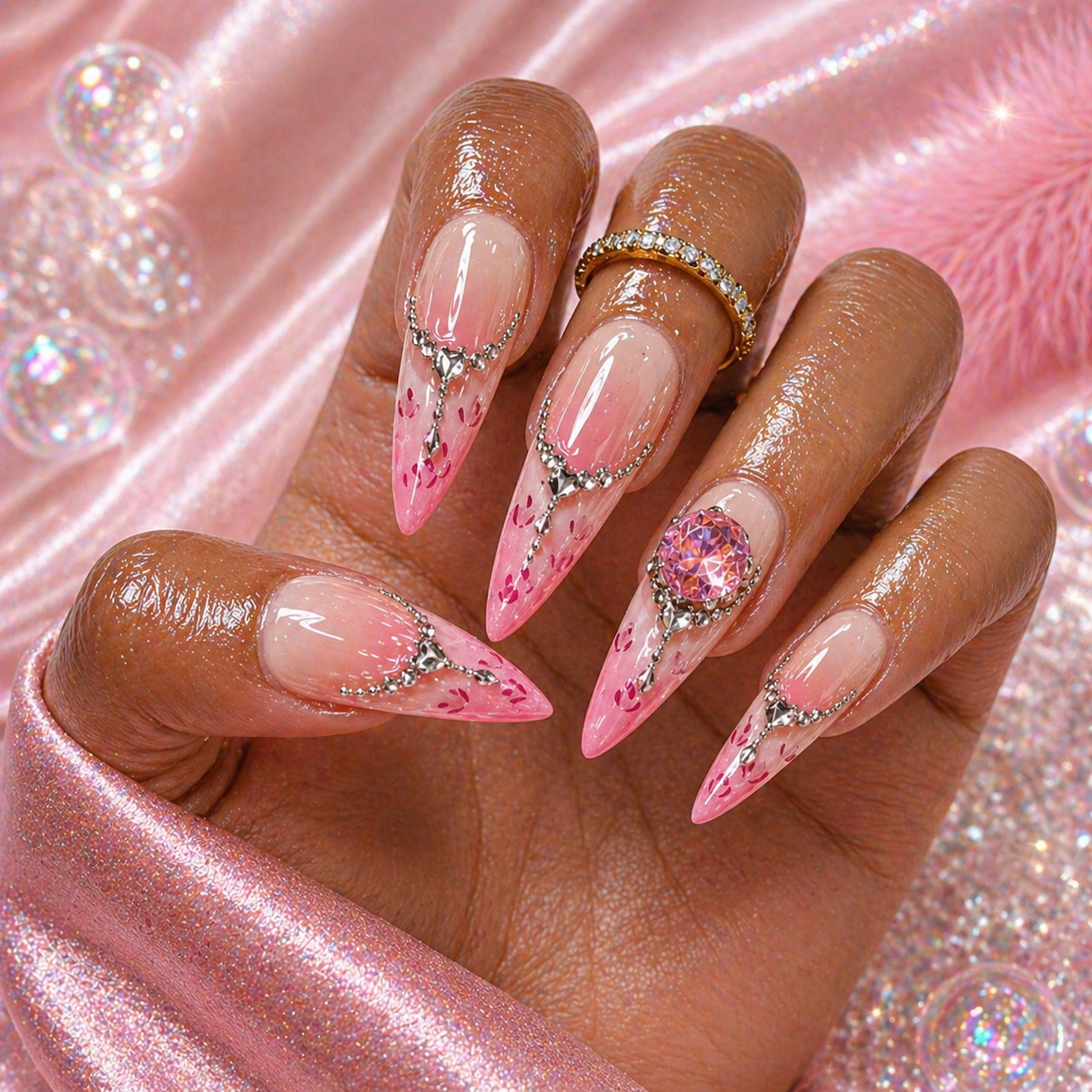 Blush Crystal Drip Press-On Nails ✨💎 Size L
