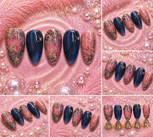 Blush Galaxy Almond Press-On Nails | Soft Glam Pink & Navy Set Size M