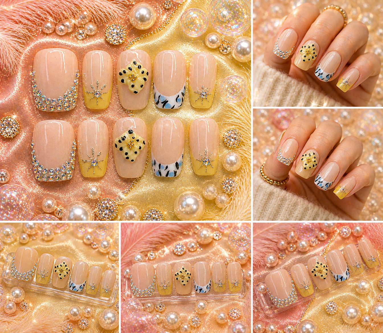 Honey Luxe Bling Press-On Nails (5 Nail Set) | Short Almond Nude & Yellow Size M