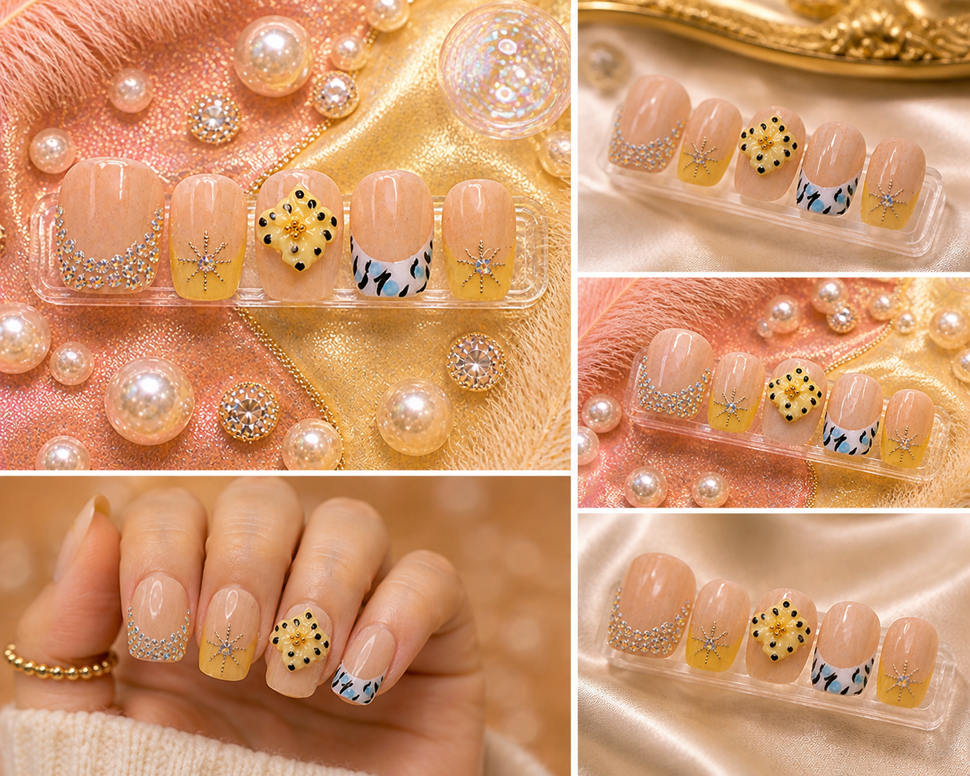 Honey Luxe Bling Press-On Nails (5 Nail Set) | Short Almond Nude & Yellow Size M