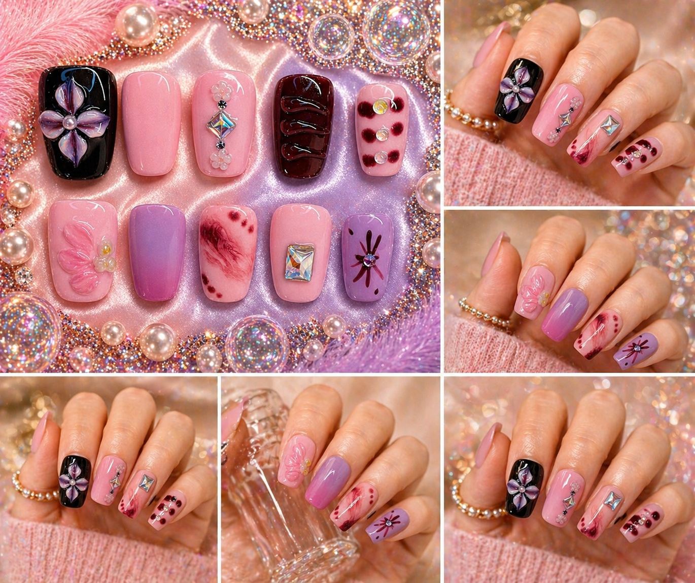 Midnight Blossom Glam Press-On Nails 🌙💜✨ Size M