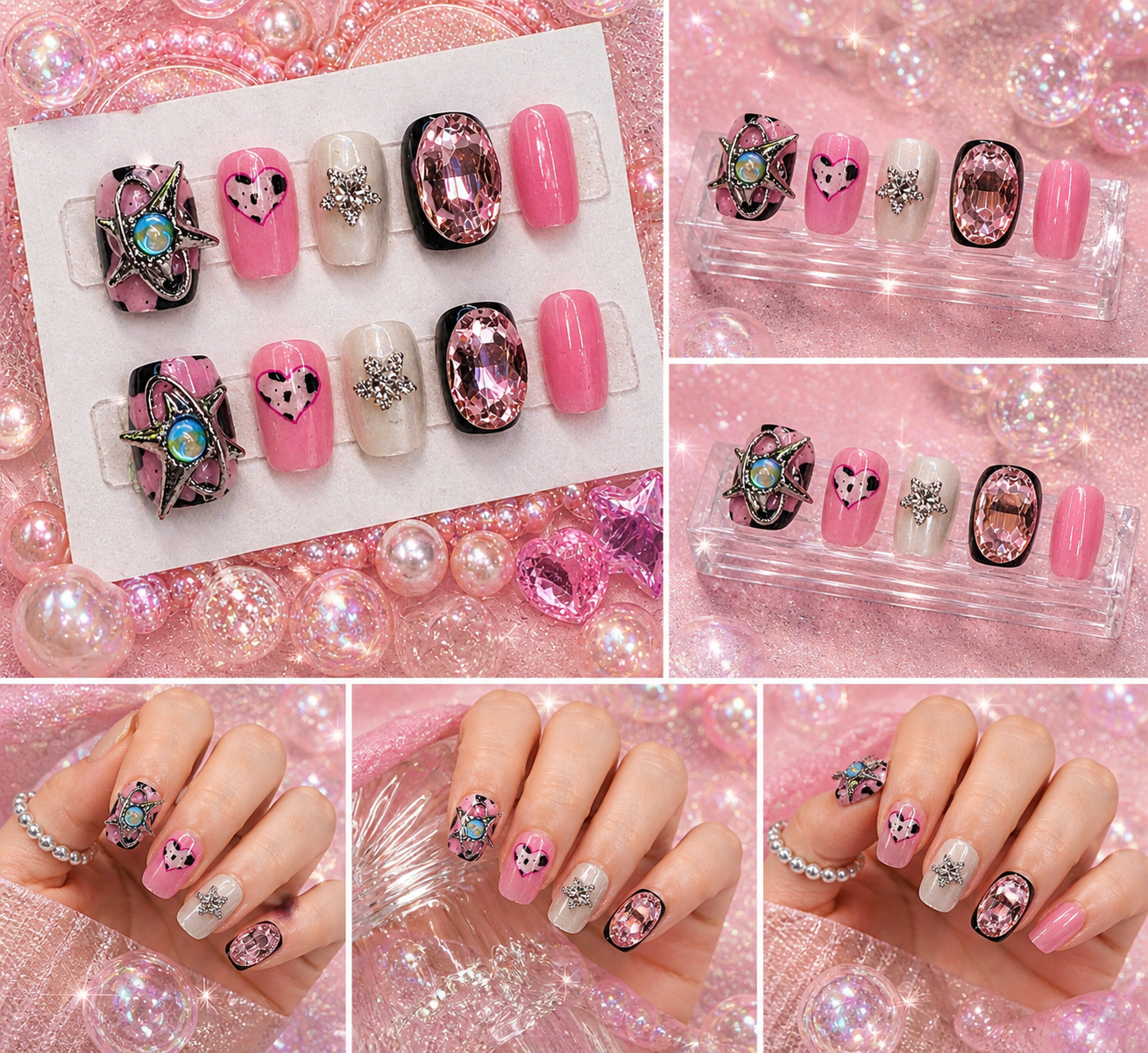 Pink Star Glam Press-On Nails (5 Nail Set) | Short Narrow Bling Set Size M