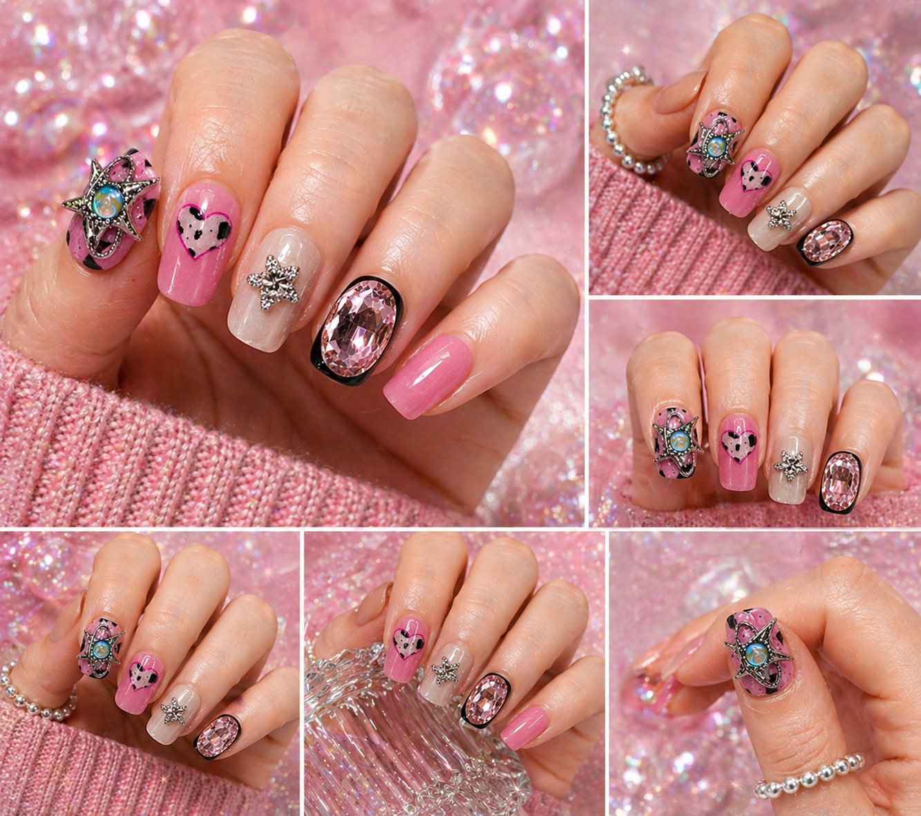 Pink Star Glam Press-On Nails (5 Nail Set) | Short Narrow Bling Set Size M
