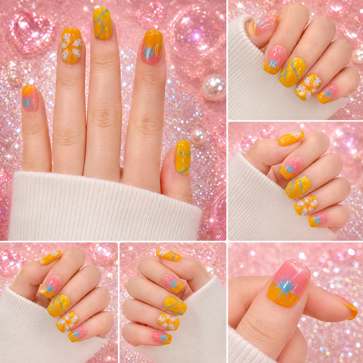 Sunset Splash Press-On Nails | Glossy Summer Star & Floral Set Size M