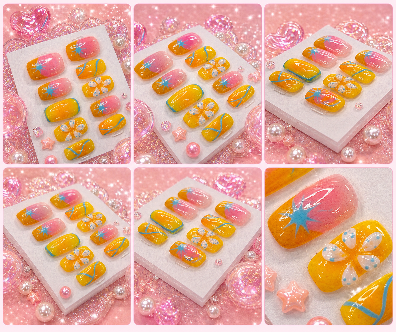 Sunset Splash Press-On Nails | Glossy Summer Star & Floral Set Size M