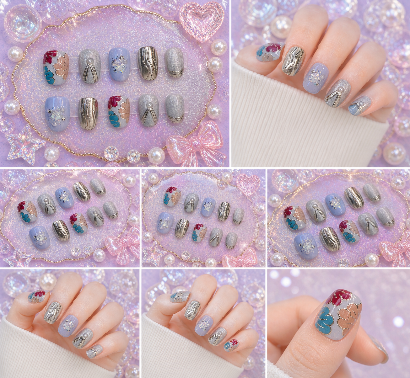 Pastel Chrome Bloom Press-On Nails 🌸✨ Size M