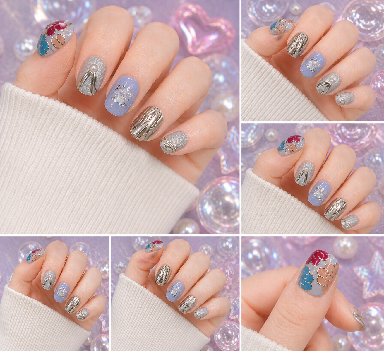 Pastel Chrome Bloom Press-On Nails 🌸✨ Size M