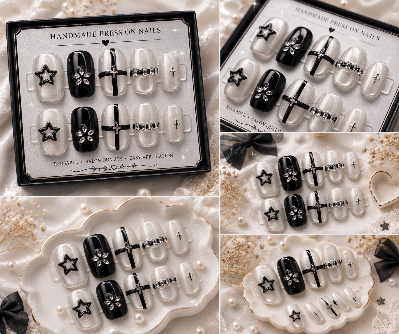 Midnight Pearl Cross Press-On Nails 🖤✨ Size L
