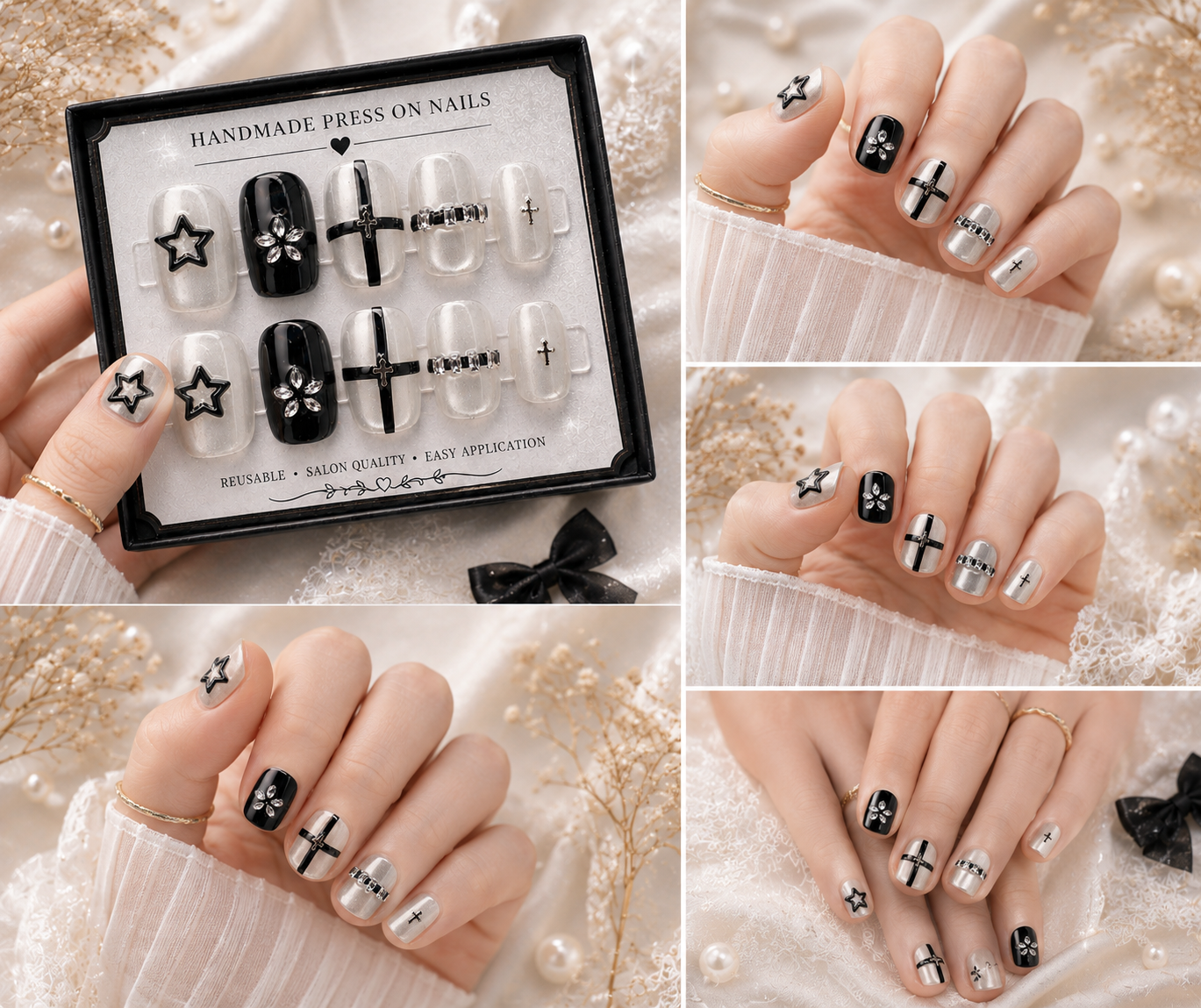Midnight Pearl Cross Press-On Nails 🖤✨ Size L