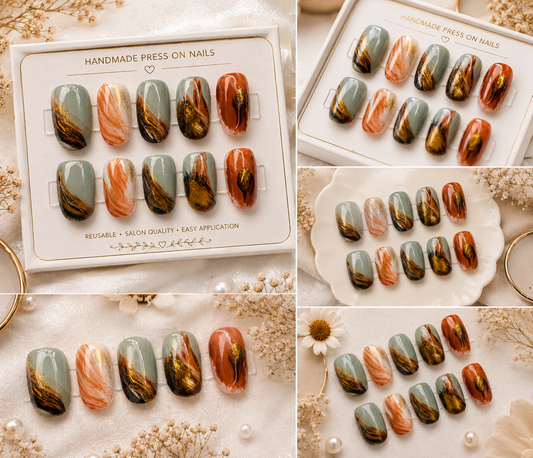Autumn Sage Marble Press-On Nails 🍂✨ Size L