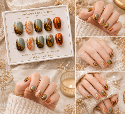 Autumn Sage Marble Press-On Nails 🍂✨ Size L